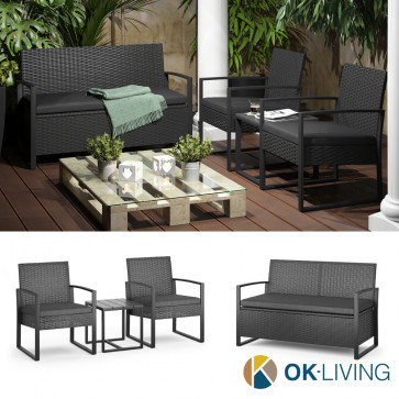 OK-Living Sitzgruppe Kissenbox-Bank Gartenmöbel Rattan Anthrazit Stuhl Tisch