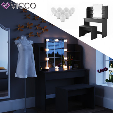 Vicco Schminktisch Charlotte schwarz mit Bank und LED-Lichterkette