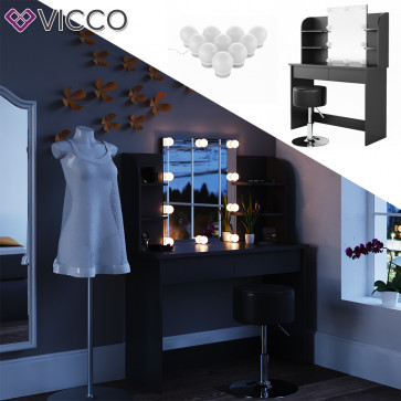 Vicco Schminktisch Charlotte schwarz mit Hocker und LED-Lichterkette