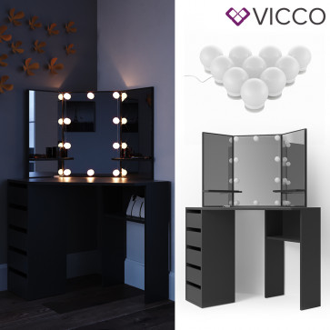 Vicco Eckschminktisch Arielle Spiegel Schwarz inklusive LED-Lichterkette