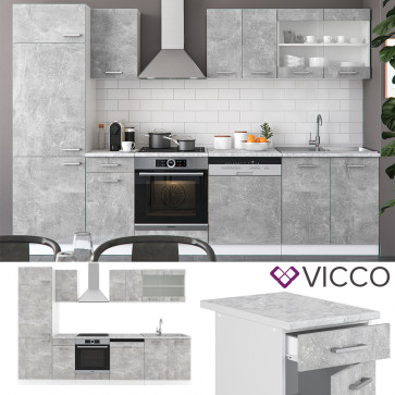 VICCO Küche R-Line 300cm Beton ohne Arbeitsplatten