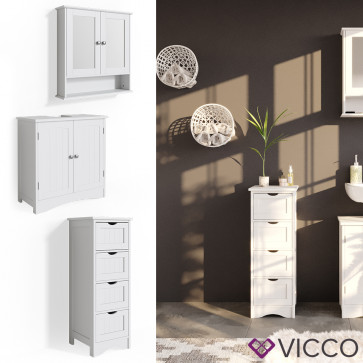 VICCO Badmöbelset 3 Bianco (Waschtischunterschrank + schmaler Badschrank + Spiegelschrank)