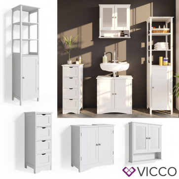 VICCO Badmöbelset 4 Bianco (Waschtischunterschrank + Badschrank + schmaler Badschrank + Spiegelschrank)