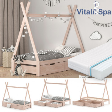 VITALISPA Kinderbett TIPI Hausbett-Natur-mit Schubladenset und Matratze