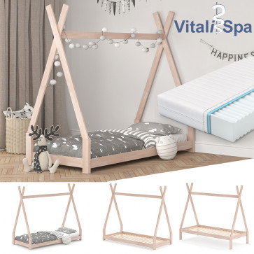 VITALISPA Kinderbett TIPI Hausbett-Natur-mit Matratze