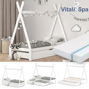 VITALISPA Kinderbett TIPI Hausbett-Weiß-mit Gästebett und Matratze