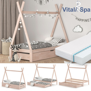 VITALISPA Kinderbett TIPI Hausbett-Natur-mit Gästebett und Matratze