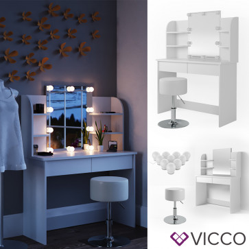 Vicco Schminktisch Charlotte weiß mit Hocker und LED-Lichterkette