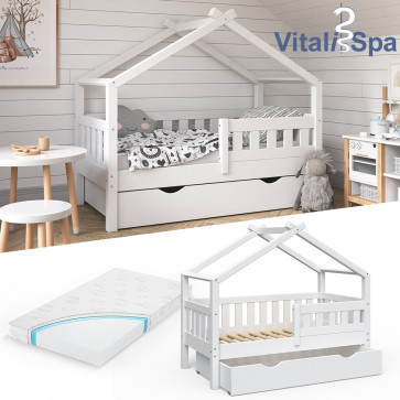 VITALISPA Hausbett DESIGN 70x140cm Babybett mit Schublade Matratze Weiß