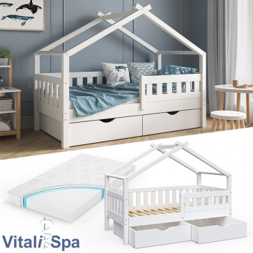 VITALISPA Hausbett DESIGN 160x80 Jugendbett 2 Schubladen Matratze Weiß