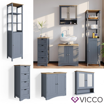 VICCO Badmöbelset 4 Bianco Gau (Waschtischunterschrank + Badschrank + schmaler Badschrank + Spiegelschrank)