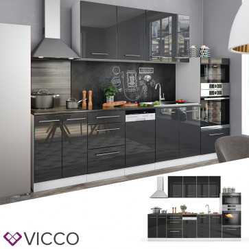 VICCO Küche FAME-LINE Küchenzeile Einbauküche 295cm-Anthrazit Hochglanz
