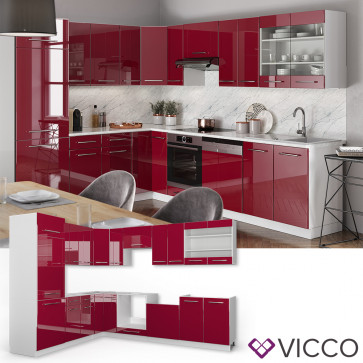VICCO Eckküche Küchenzeile 230x290cm Fame-Line Bordeaux Hochglanz