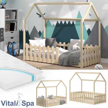VitaliSpa Kinderbett Hausbett Jugendbett Sonja 80x160 cm natur mit Matratze Zaun