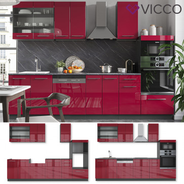 Vicco Küche Fame-Line 240 cm Küchenzeile Küchenblock Einbau Bordeaux Hochglanz