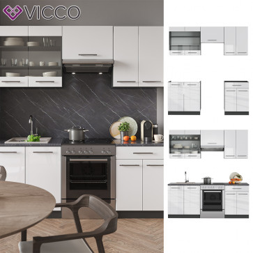 Vicco Küchenzeile Küchenblock Einbauküche 200cm Fame-Line Weiß Hochglanz