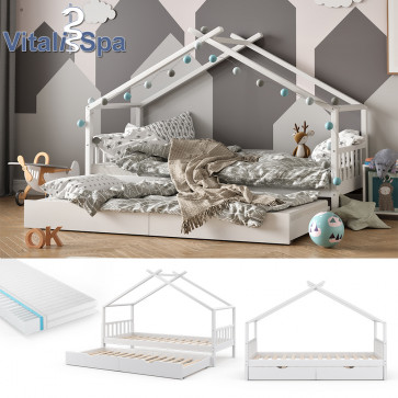 VITALISPA Kinderbett DESIGN Hausbett Gästebett 90x200 -Weiß-mit Gästebett und Matratze