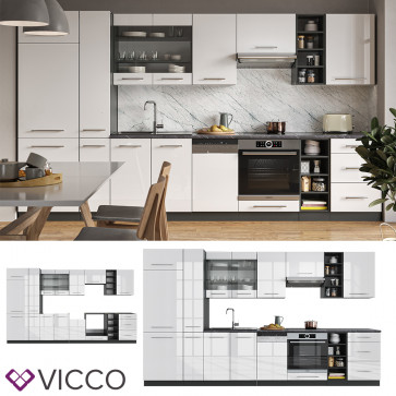 Vicco Küchenzeile Küchenblock Einbauküche 355cm Fame-Line Weiß Hochglanz