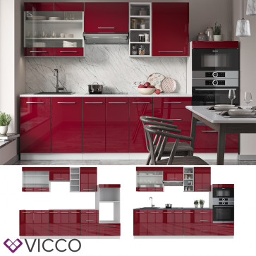 Vicco Küchenzeile Küchenblock Einbauküche 280cm Fame-Line Bordeaux Hochglanz