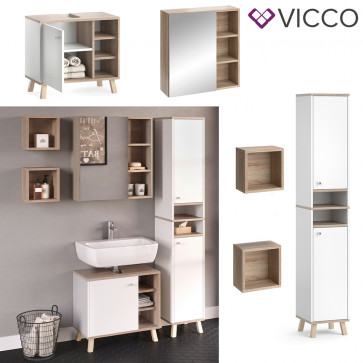 Vicco Badmöbelset Hochschrank Waschtischunterschrank Spiegelschrank Senyo S/W