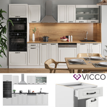 Vicco Küchenzeile Küchenblock Einbauküche R-Line 300 cm Landhaus Weiß MUS