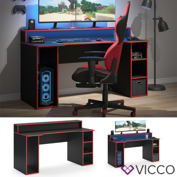 Vicco Computertisch Gamingtisch Schreibtisch Roni Schwarz/Rot PC-Tisch Ablage
