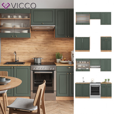 Vicco Küchenzeile Küchenblock Einbauküche Fame-Line Landhaus Eiche Grün Gold 200 cm Küchen Schränke Schubunterschrank Spülenunterschrank Hängeschrank Hängeglasschrank