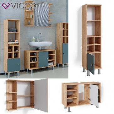 Vicco Badmöbelset Waschtischunter 80cm Spiegelschrank Midischrank kl. Tür Fynn