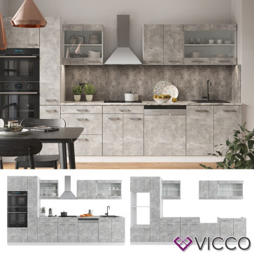 Vicco Küchenzeile Küchenblock Einbauküche R-Line 350 cm Weiß Beton Arbeitsplatte