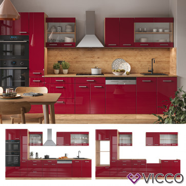 Vicco Küchenzeile Küchenblock Einbauküche R-Line 350 cm Eiche Bordeaux Hochglanz Küche