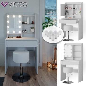 Vicco Schminktisch Frisiertisch Frisierkommode Laura Weiß LED Hocker 70x136 cm Spiegelschrank modern Schlafzimmer Kommode Schminkspiegel Schrank Schublade Kosmetiktisch Make-Up-Tisch