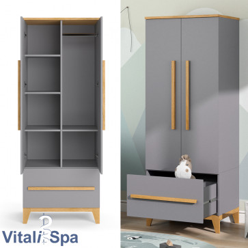 VitaliSpa Kleiderschrank Kinderzimmerschrank Aufbewahrungsschrank Malia Grau Eiche modern 70x187 cm Kinderzimmer Möbel Babymöbel Schublade Tür Fach Kleiderstange Ablage Babyzimmerschrank