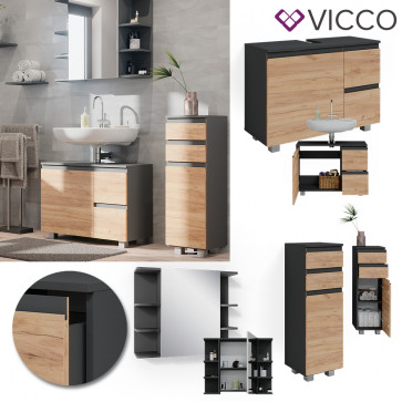 Vicco Badmöbelset J-shape Anthrazit Eiche modern Badezimmer Schrank Badschrank Waschtischunterschrank Spiegelschrank Midischrank Schranktür Schrankschublade Schrankfach Ablage Aufbewahrung