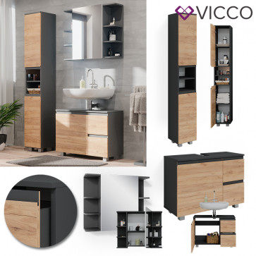 Vicco Badmöbelset J-shape Anthrazit Eiche modern Badezimmer Schrank Badschrank Waschtischunterschrank Spiegelschrank Hochschrank Schranktür Schrankschublade Schrankfach Ablage Aufbewahrung