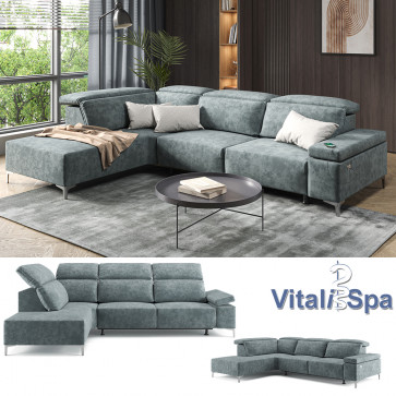 VitaliSpa Ecksofa Loungesofa Boxspringsofa James Grau Relaxfunktion 218x86 cm modern Wohnzimmer Sofa Wohnzimmercouch Loungeecke Polstereckcouch Taschenfederkern USB-Anschluss Fußteil ausfahrbar