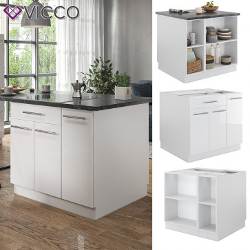 Vicco Kücheninsel Küchenblock Einbauküche Fame-Line Weiß 90 cm modern Hochglanz Küchen Schränke Apothekerunterschrank Schubunterschrank Regalinselunterschrank Softclose-Scharnier Küchenmöbel