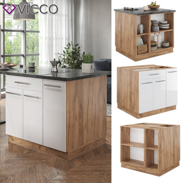 Vicco Kücheninsel Küchenblock Einbauküche Fame-Line Eiche Weiß 90 cm modern Hochglanz Küchen Schränke Apothekerunterschrank Schubunterschrank Regalinselunterschrank Softclose-Scharnier Küchenmöbel