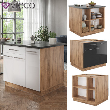 Vicco Kücheninsel Küchenblock Einbauküche Fame-Line Eiche Anthrazit 90 cm modern Hochglanz Küchen Schränke Apothekerunterschrank Schubunterschrank Regalinselunterschrank Softclose-Scharnier Küchenmöbel