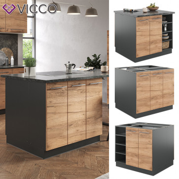 Vicco Kücheninsel Küchenblock Einbauküche Fame-Line Anthrazit Eiche Goldkraft 90 cm modern Hochglanz Küchen Schränke Regalunterschrank Küchenunterschrank Regalinselunterschrank Softclose-Scharnier Küchenmöbel