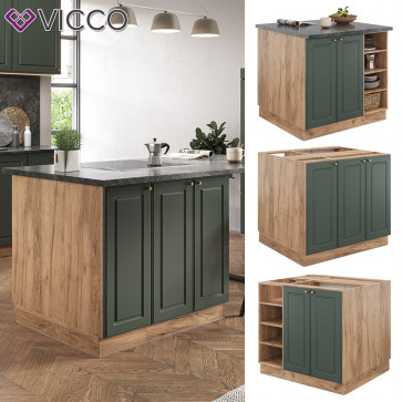 Vicco Kücheninsel Küchenblock Einbauküche Fame-Line Landhaus Eiche Grün 90 cm Gold Küchen Schränke Regalunterschrank Küchenunterschrank Regalinselunterschrank Softclose-Scharnier Küchenmöbel