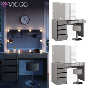 Vicco Schminktisch Frisiertisch Frisierkommode Sherry Grau Schminkspiegel LED Hocker 120x75 cm modern Schlafzimmer Kommode Schublade Ablage Aufbewahrung Kosmetiktisch Make-Up-Tisch Hochglanz