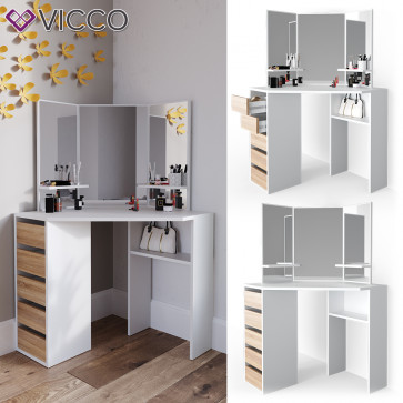 Vicco Eckschminktisch Frisiertisch Schminkkommode Arielle Weiß Sonoma Spiegel 110x145 cm modern Schlafzimmer Kommode Schublade Ablage Aufbewahrung Kosmetiktisch Schminkkonsole Make-Up-Tisch