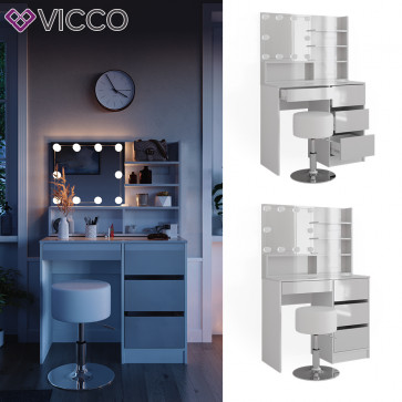 Vicco Schminktisch Sherry Weiß Hochglanz 90 x 75 cm Spiegel LED & Hocker Regal