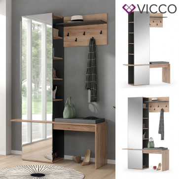 Vicco Flurgarderobe Dielengarderobe Garderobe Adeline Eiche Anthrazit Modern Sitzbank 120x190 cm Schlafzimmer Garderobenspiegel Kleiderhaken Garderobenablage Fach Regal