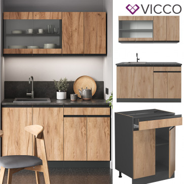 Vicco Küchenzeile Küchenblock Einbauküche R-Line J-Shape Anthrazit Eiche 140 cm modern Küchenschränke Küchenmöbel