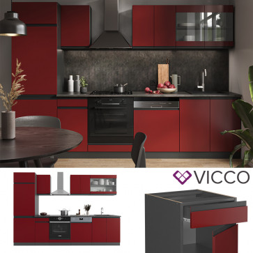 Vicco Küchenzeile Küchenblock Einbauküche R-Line J-Shape Anthrazit Rot 300 cm modern Küchenschränke Küchenmöbel