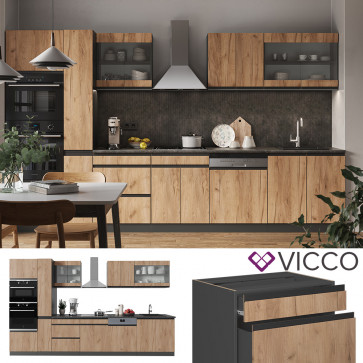 Vicco Küchenzeile Küchenblock Einbauküche R-Line J-Shape Anthrazit Eiche 350 cm modern Küchenschränke Küchenmöbel