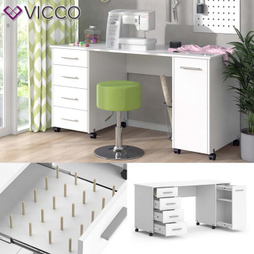 Vicco Nähtisch Verona auf Rollen 148x75x60cm weiß, Basteltisch mit 4 Schubladen