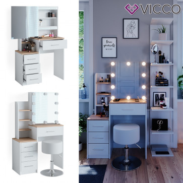 Vicco Schminktisch Frisiertisch Kosmetiktisch Conrada Weiß Sonoma Schminkspiegel 80x132 modern Hocker LED Beleuchtung Schlafzimmerkommode Schminkkommode Schublade Spiegelschrank Frisierkommode Make-Up-Tisch