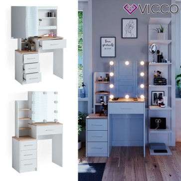 Vicco Schminktisch Frisiertisch Kosmetiktisch Conrada Weiß Sonoma Schminkspiegel 80x132 modern LED Beleuchtung Schlafzimmerkommode Schminkkommode Schublade Spiegelschrank Frisierkommode Make-Up-Tisch